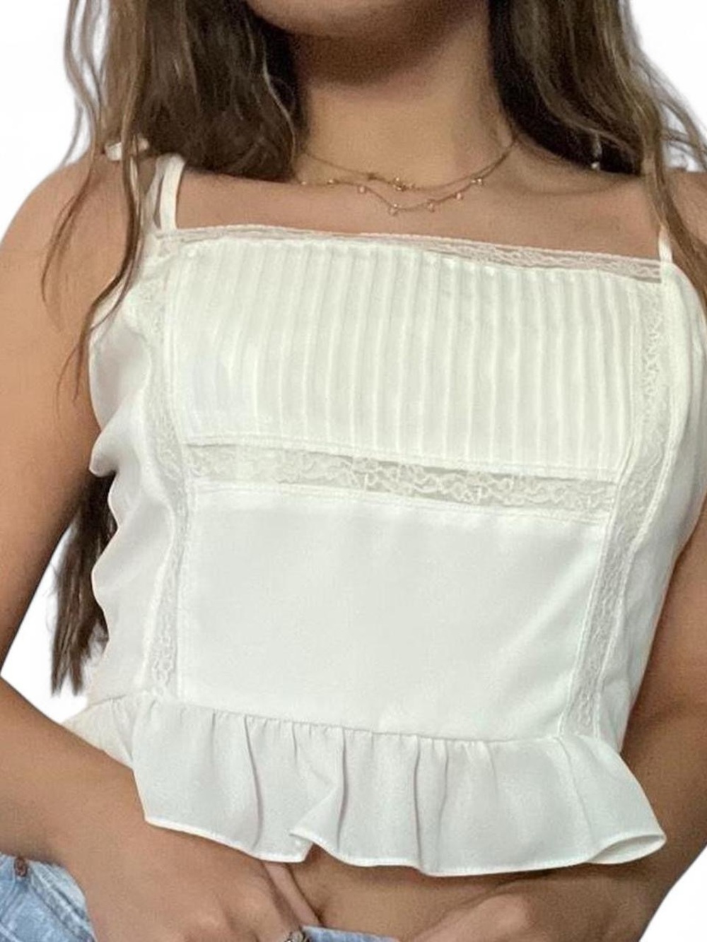 White Lace Trim Ruffle Hem Cami Top